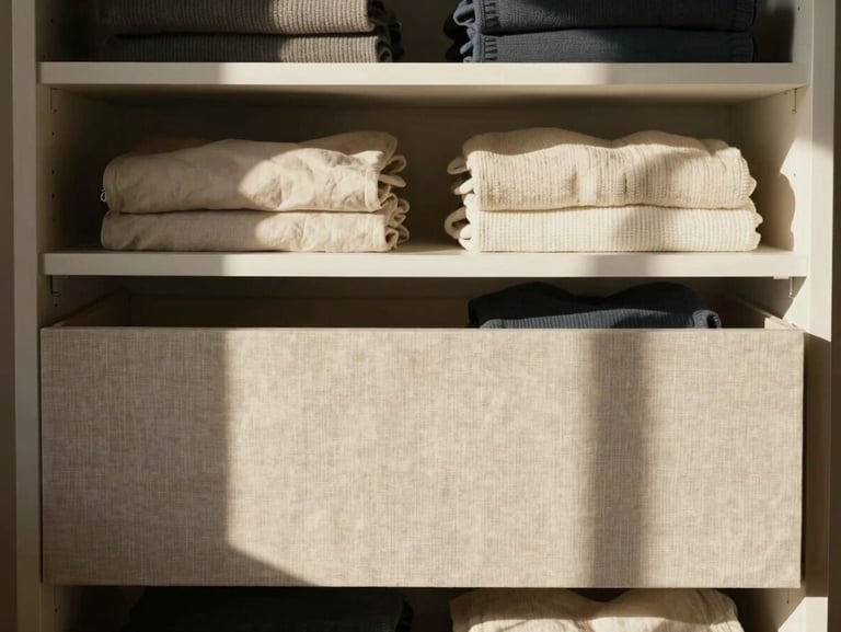 A close-up architectural straight-on shot of a perfectly curated closet drawer. Soft linen textures and warm directional afternoon sunlight casting delicate shadows across folded neutral garments.