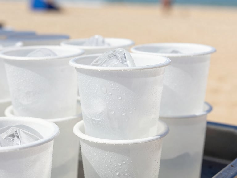 Macro close-up of pre-filled ice cups stacked on a beach club bar, bright high-key summer sunlight casting sharp refreshing shadows, condensation droplets