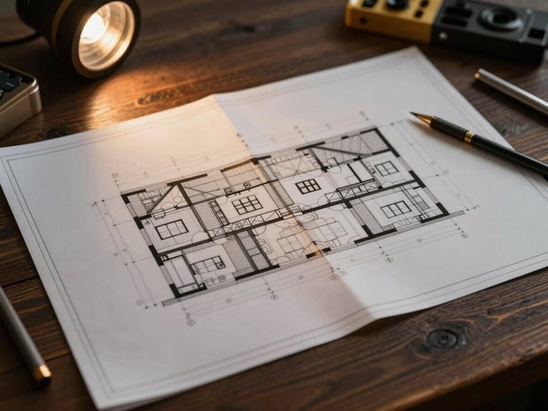 Close-up of detailed structural blueprints on a dark wooden table, warm architectural task lighting, drafting tools, 35mm