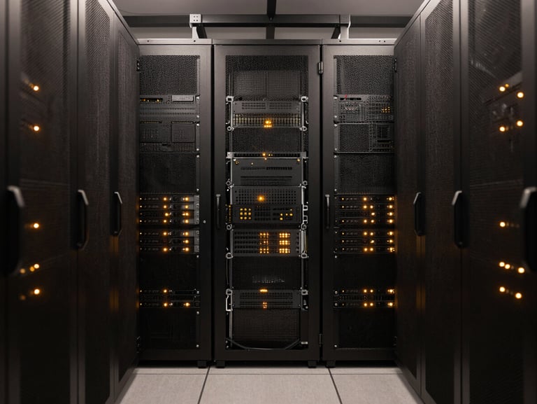 Symmetric high-contrast shot of a modern server room, dark racks with subtle amber indicator lights, clean architectural lines, 35mm
