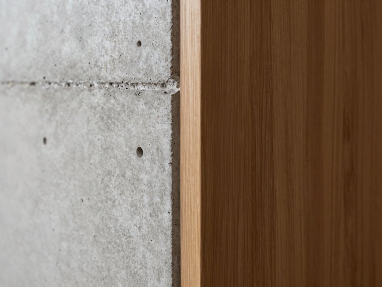 Extreme close-up of a flawless concrete wall transitioning to a warm oak wood joint, architectural precision, soft side lighting highlighting textures.