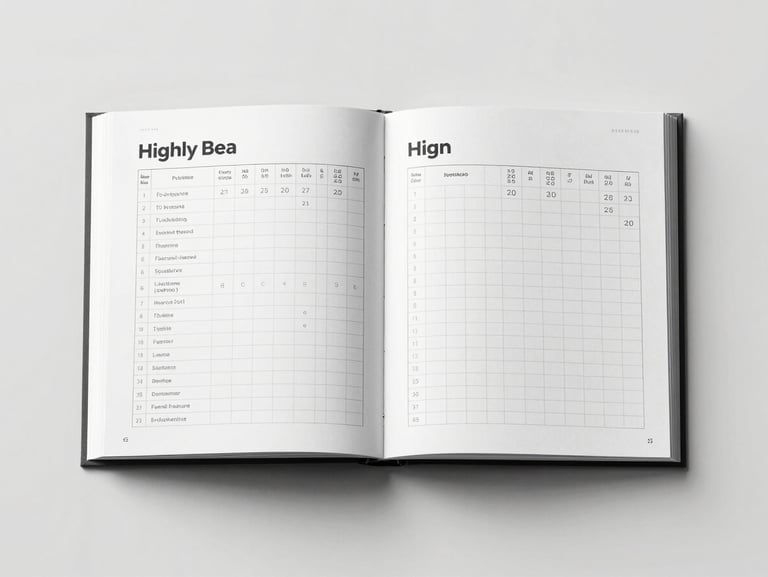 Highly structured brand guideline book open to a grid system page, straight-on framing, clean white surface, sharp shadows.