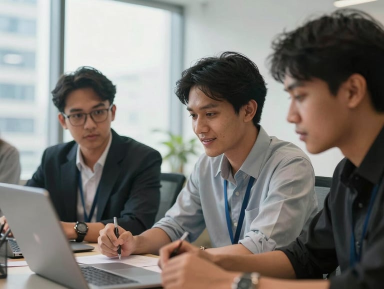 Medium close-up of young Indonesian professionals collaborating around a table in a bright, modern Jakarta office workshop, natural daylight, high clarity.