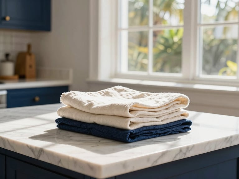 Bright sun-drenched Florida kitchen with white marble countertops, freshly folded linens on the side, warm natural light.