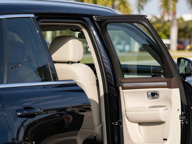 A clean luxury SUV passenger door held open, bright Florida sunshine reflecting on the polished black paint.