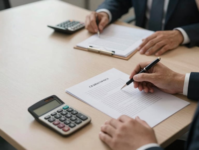 Wide shot of a professional negotiation table from above, pen and calculator resting on legal documents with visible stamps, institutional overhead lighting, no people, clean and formal office surface