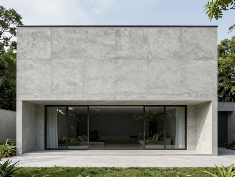 Exterior shot of a modern minimalist concrete villa surrounded by clean green foliage, bright daylight, symmetrical