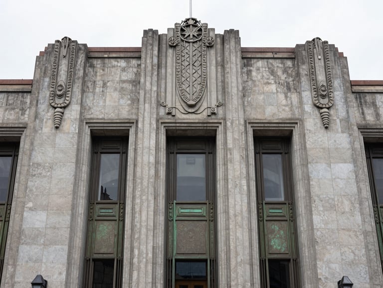 Straight-on shot of an art deco facade with stone carvings and bronze details, clean overcast lighting, CDMX