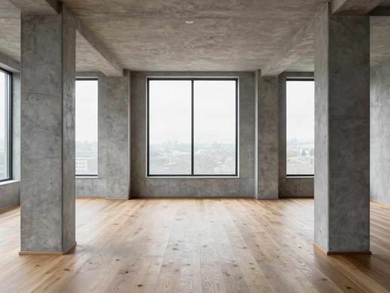 Interior perspective of a luxury living room with raw concrete columns, oak floors, natural window light, symmetrical