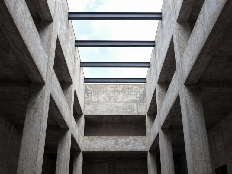Symmetrical interior perspective of a restored historic building in Roma Norte, high ceilings, concrete and steel details, natural light, 35mm