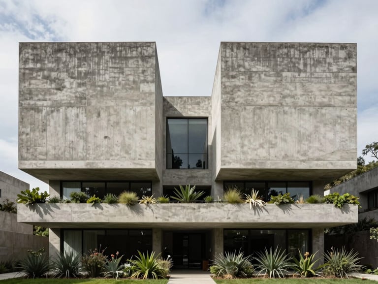 Exterior architectural shot of a brutalist villa in Lomas de Chapultepec, massive concrete volumes, integrated vegetation, overcast daylight, sharp shadows, 35mm