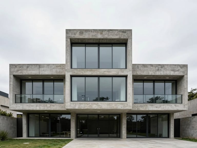 Exterior of a brutalist concrete residence in Lomas de Chapultepec, clean lines, large glass windows, minimalist landscaping, overcast sky, 35mm
