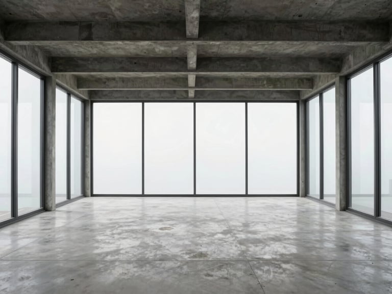 Symmetrical interior perspective of a minimalist living room in Polanco, polished concrete floors, raw steel beams, floor-to-ceiling windows with soft daylight, 35mm