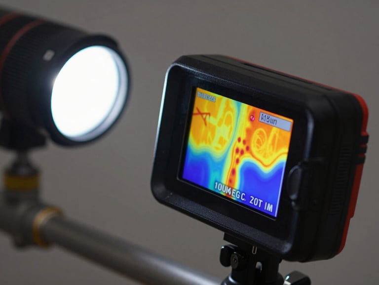 Close-up macro shot of a modern thermal imaging diagnostic camera displaying heat signatures on a pipe, focused work-light illumination, precise and technical.