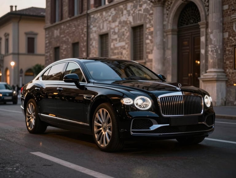 Lussuosa berlina nera executive che transita in una via storica italiana di pietra al crepuscolo, riflessi dorati sulla carrozzeria