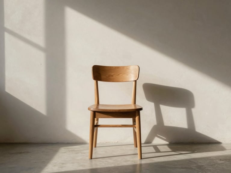A quiet, sun-drenched minimalist room with a single wooden chair, soft shadows stretching across a raw plaster wall.