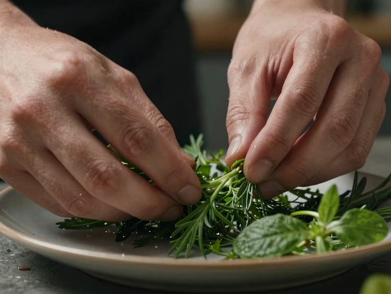Extreme close-up of hands arranging fresh herbs on a plate in a dimly lit kitchen, dramatic side lighting.