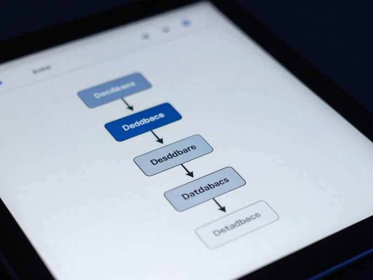 Macro shot of a high-contrast database schema diagram on a tablet screen, cool white and deep blue tones