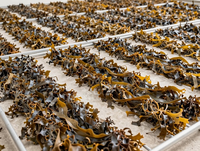 Wide documentary shot of dried Hypnea seaweed laid out in uniform rows on drying racks under bright diffused daylight, pale concrete floor visible, clinical overhead framing showing consistent color and texture across the batch