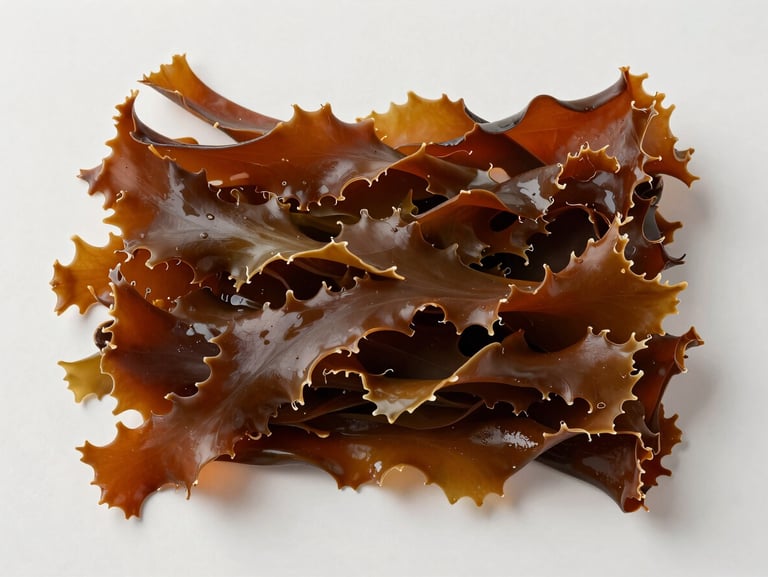 Overhead flat-lay of freshly harvested raw Gracilaria seaweed spread across a pale neutral surface, bright diffused studio light revealing reddish-brown frond texture, no shadows, clinical clarity