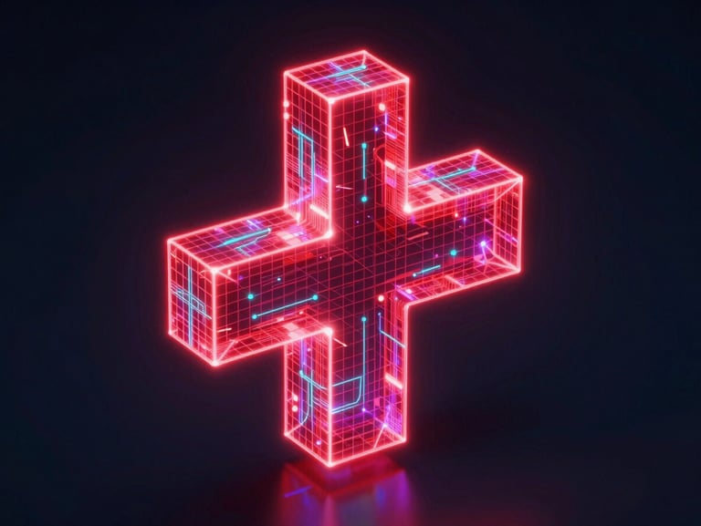 Isometric 3D render of a glowing red medical cross made of digital neon nodes, dark ambient background, cyan accents