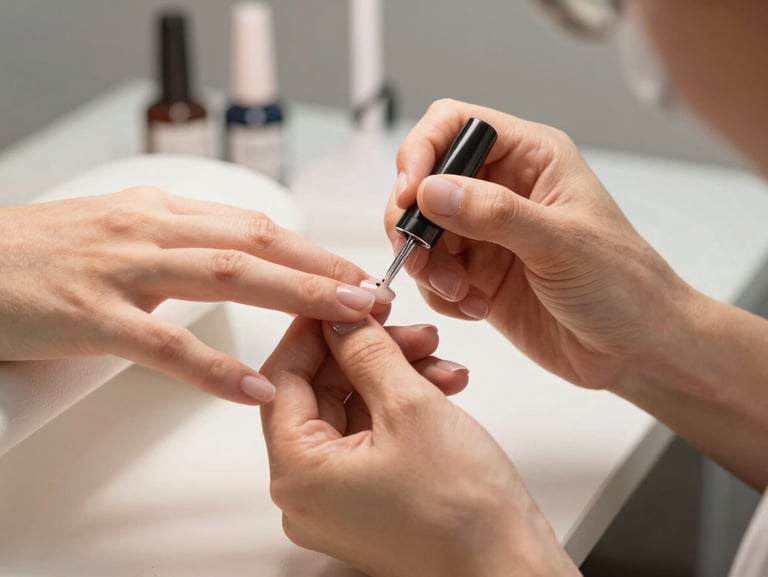 Close-up of a professional nail designer's hands carefully applying gel polish in a clean, sunlit modern studio, soft warm aesthetic.