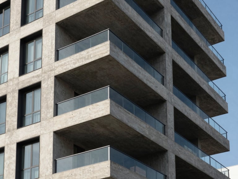 Clean architectural lines of a premium modern residential building in Mexico, sharp concrete and glass under bright daylight, high contrast shadows.