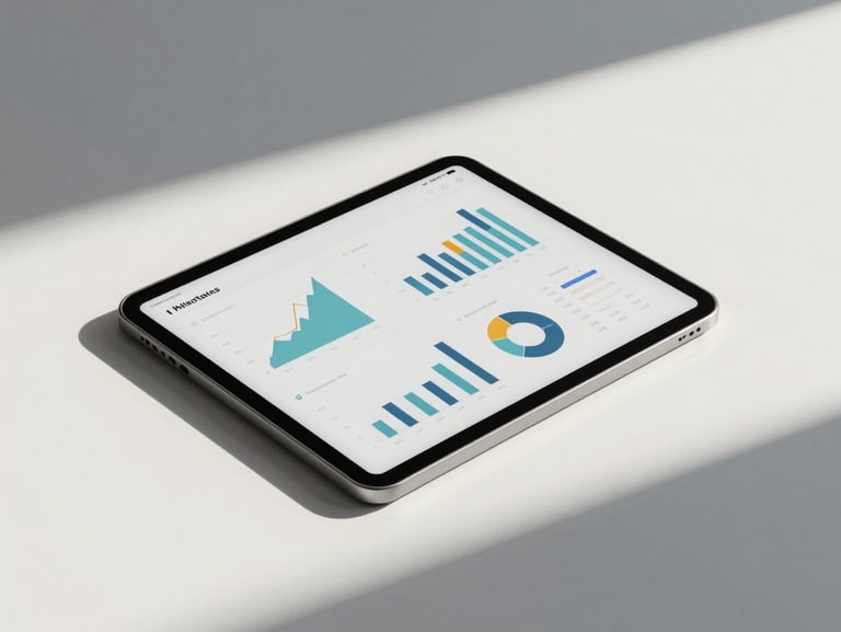 Minimalist workspace with a tablet showing polished analytics charts, clean shadows, elegant stationery, editorial feel.