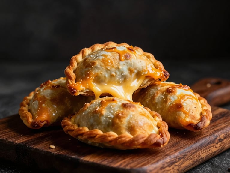 Dramatic macro shot of golden-brown coastal empanadas stacked on a dark wooden board, melting cheese stretching, warm side lighting, dark moody background