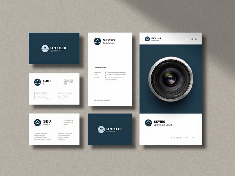 Straight-on flat lay of high-quality printed brand collateral and business cards on a warm gray textured surface, soft natural side light, clean and organized composition