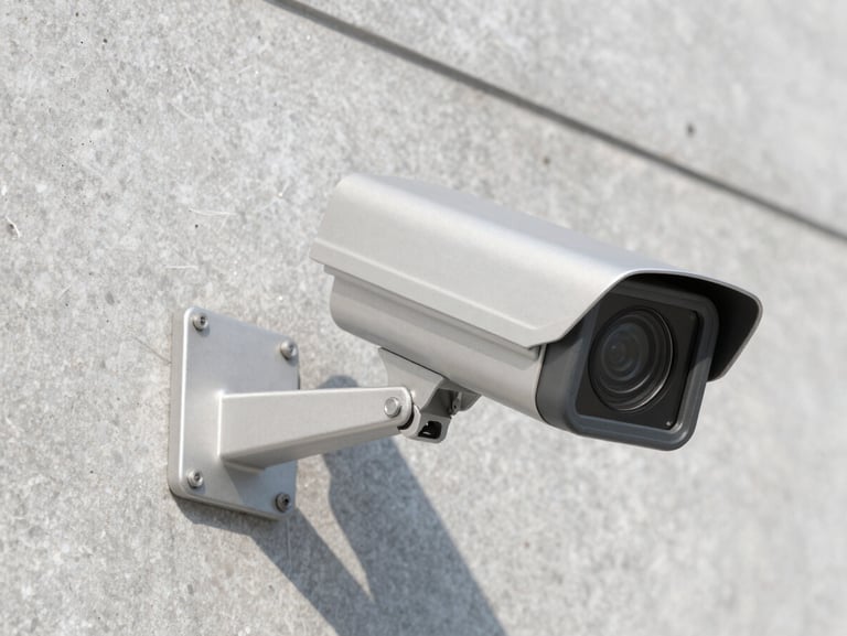 A rugged outdoor bullet security camera mounted on a textured concrete wall, bright daylight, sharp focus on the metal casing.