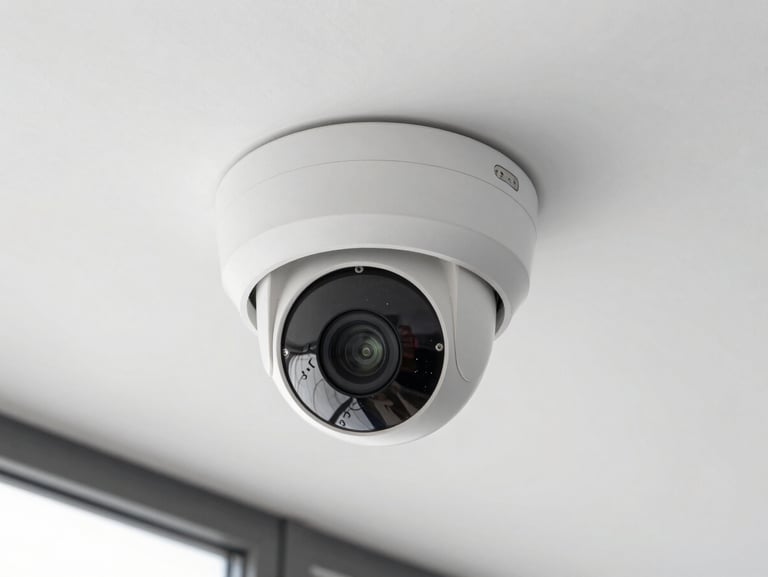 A high-definition indoor dome security camera mounted on a clean white commercial ceiling, crisp lighting, sharp focus.