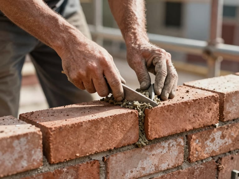 Hands of a mason setting a brick course with precision, morning light, mortar visible at the joint, site scaffolding blurred in background