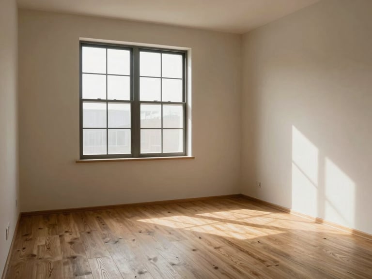 Eye-level interior view of a freshly completed room, afternoon light through a deep-set window revealing wall texture and floor finish, empty space showing spatial proportion