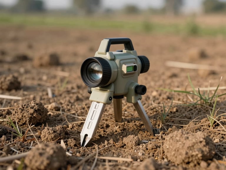 Close-up of a surveyor's tool resting on dry Haryana soil, morning directional light, shallow depth of field showing site topography and grass in the background