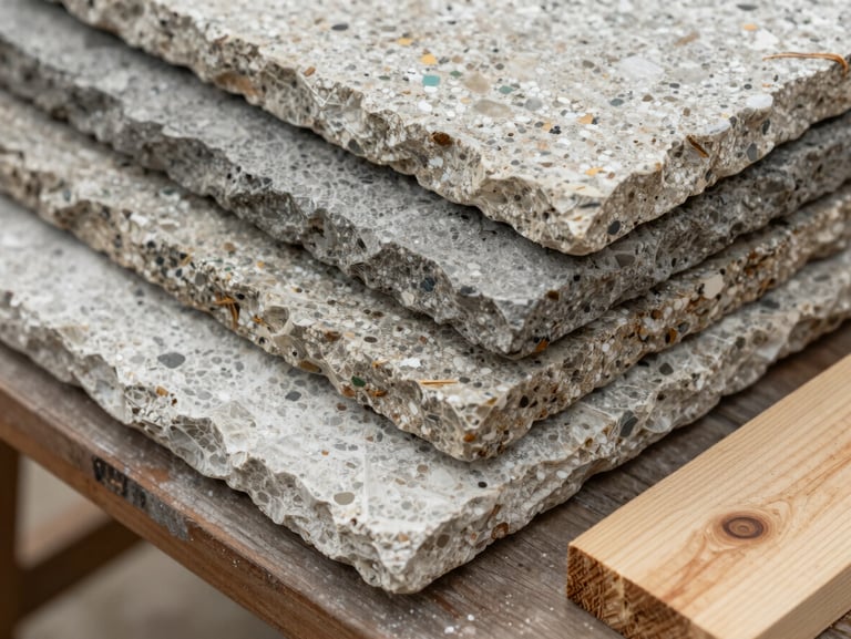 Tight detail crop of stacked stone samples and timber sections on a site table, natural diffused daylight, texture of grain and mineral surface clearly visible