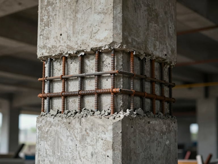 Close-up of structural repair works on a concrete pillar, showing exposed rebar and fresh concrete application.