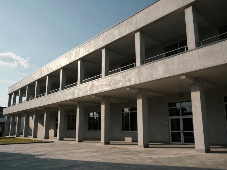 Low-angle shot of a completed public educational facility, strong architectural lines, high-contrast sunlight.