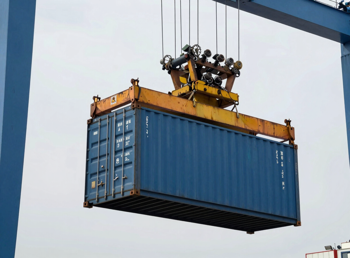 Industrial gantry crane lifting a blue shipping container at a busy port, overcast sky, detailed metal texture