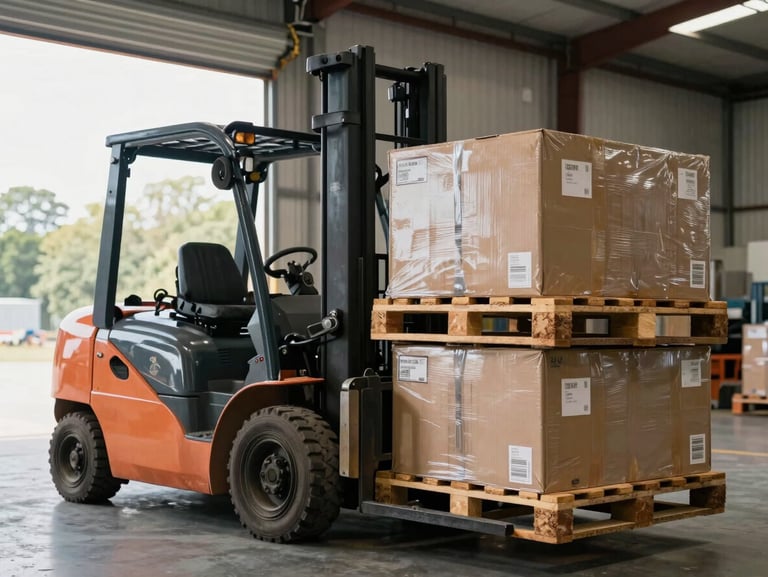 Forklift moving wooden pallets with boxed cargo inside a secure transit warehouse, natural light from open doors