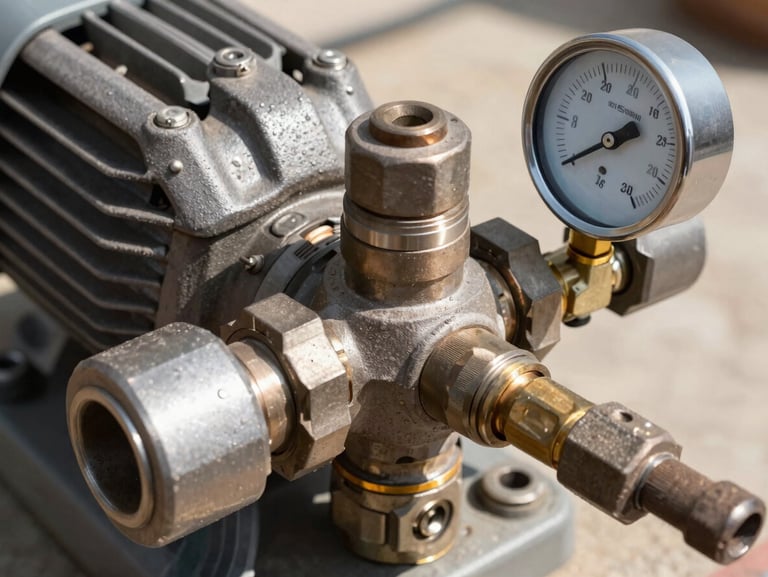 Close-up technical shot of a mechanical pump joint and pressure gauge, bright natural daylight, high-contrast technical details, realistic steel texture.