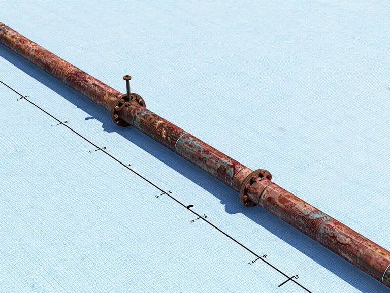 A detailed CAD engineering drawing of a pipeline longitudinal section, showing elevation markers, hydraulic gradient lines, and pipe diameters on a technical blue grid background.