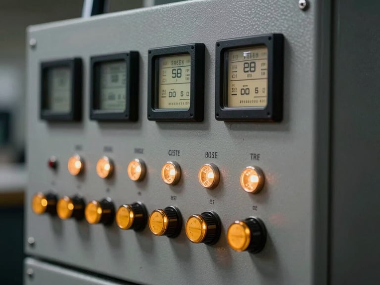 Close-up of a custom industrial control panel with illuminated amber toggle switches and digital telemetry readouts, dark background