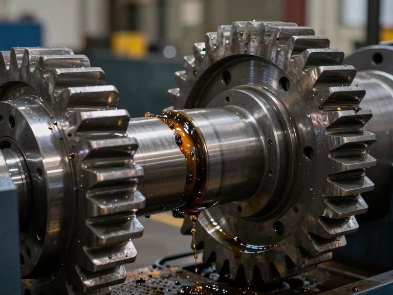 Heavy-duty steel processing gears in active operation, industrial grease visible on machined teeth, dramatic low-key lighting