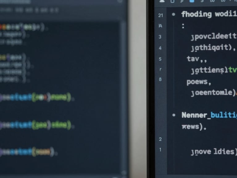 Macro close-up of clean code on screens, cool crisp lighting, deep navy tones