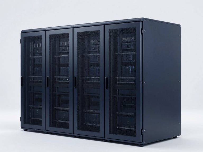 Minimalist clean architectural lines of a modern data center building, cool crisp studio lighting, deep navy tones, sharp focus