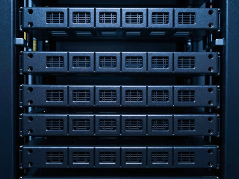 High-contrast close-up of structured server rack wiring, cool crisp blue studio lighting, sharp focus, 35mm