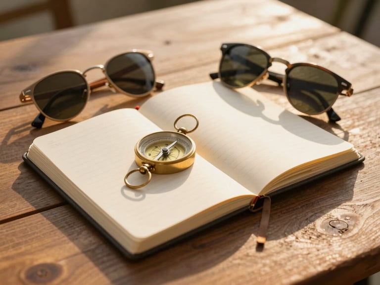 A beautifully styled travel journal lying on a wooden table alongside a pair of vintage sunglasses and a brass compass, warm golden hour light casting long shadows.
