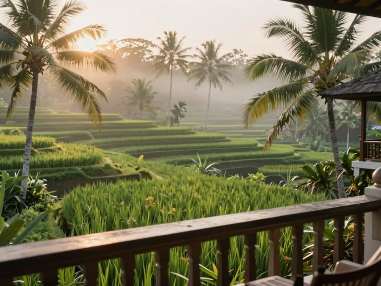 A serene view of a luxury resort balcony overlooking the lush green rice terraces of Ubud, Bali, during a misty morning with soft golden sunlight filtering through coconut trees.