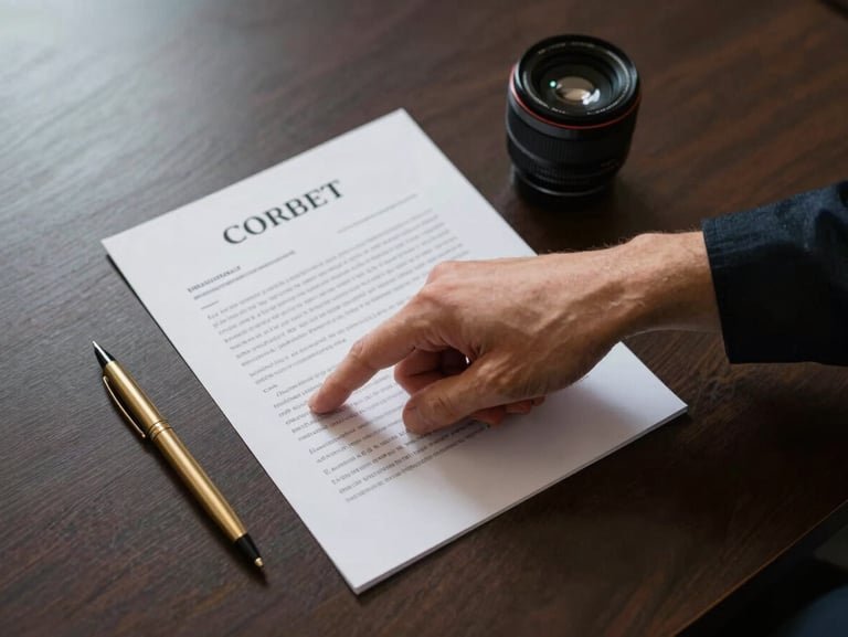 Overhead shot of two hands shaking over a contract document on a dark boardroom table, studio strobe lighting with hard shadows, gold pen resting beside the papers, no faces visible